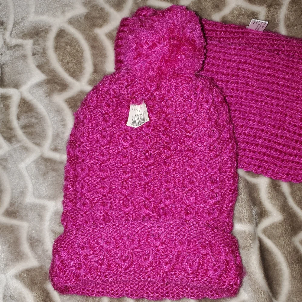 Pom Pom Knit Beanie and Scarf Set - Hot Pink